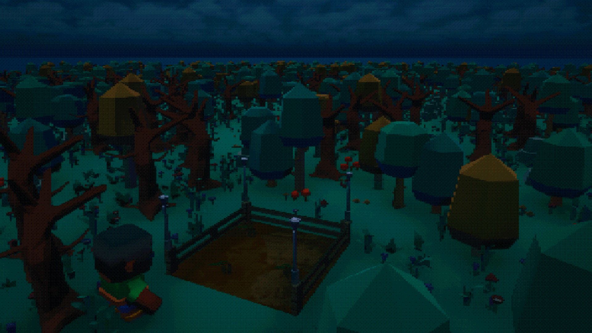 The island seen at night from the water, lanterns lit along the shore.